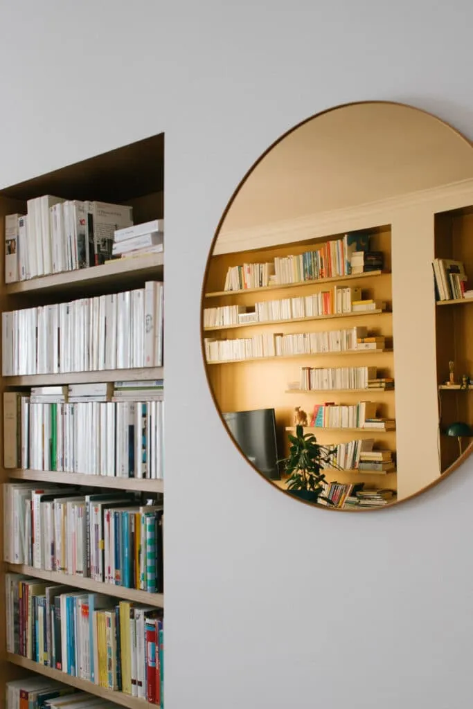 Bibliothèque en bois sur mesure remplie de livres, à côté d’un miroir rond à fine bordure cuivrée reflétant une seconde bibliothèque éclairée